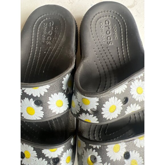 Unisex Crocs Iconic Comfort Daisy Print Slides Size M4 W6 Black/White/Yellow - Picture 2 of 5